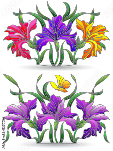 A set of stained glass illustrations with compositions of iris flowers, isolated on a white background