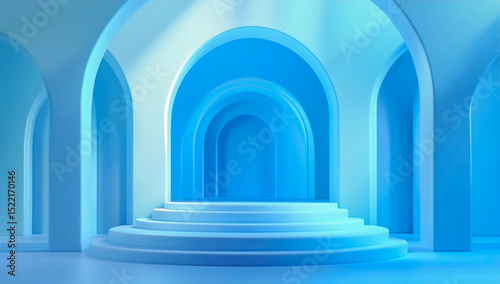 The high-quality 3D render features soft pastel-themed abstract backgrounds, sleek geometric shapes, decorative arches, and a minimalist podium designed to showcase modern products.