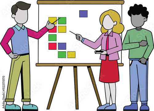 Vector illustration of team members planning project tasks on a board during a business meeting. Ideal for teamwork, strategy, workflow, or agile development-themed visual designs.