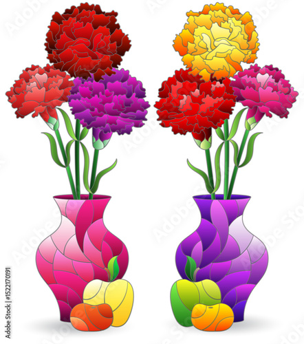 A set of stained glass illustrations with still lifes, carnation flowers and fruits isolated on a white background