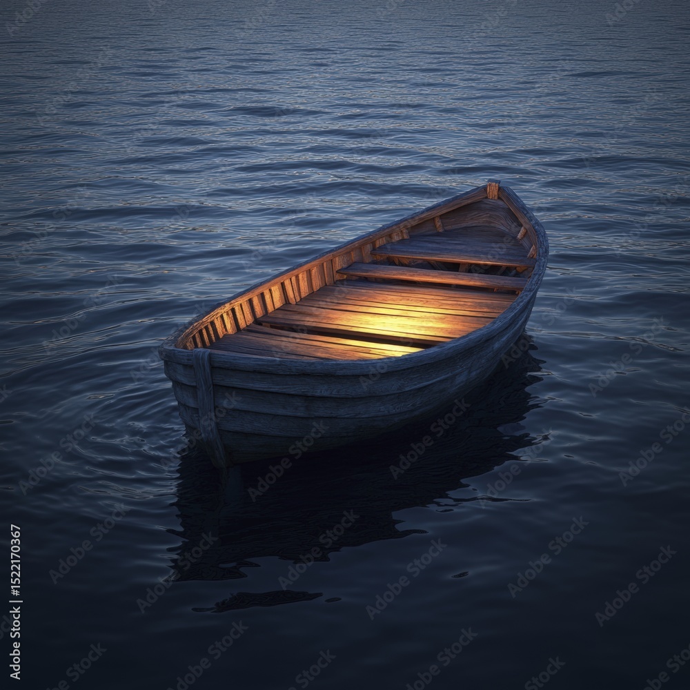 Obraz premium A Tranquil Evening Scene Depicting a Lonely Wooden Rowboat Adrift on Calm Waters