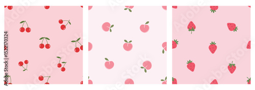 Seamless patterns of cherry, peach and strawberry on pink backgrounds vector. Cute fruit prints.