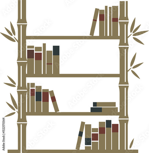 Modern Bamboo Bookshelf with Books and Leaves