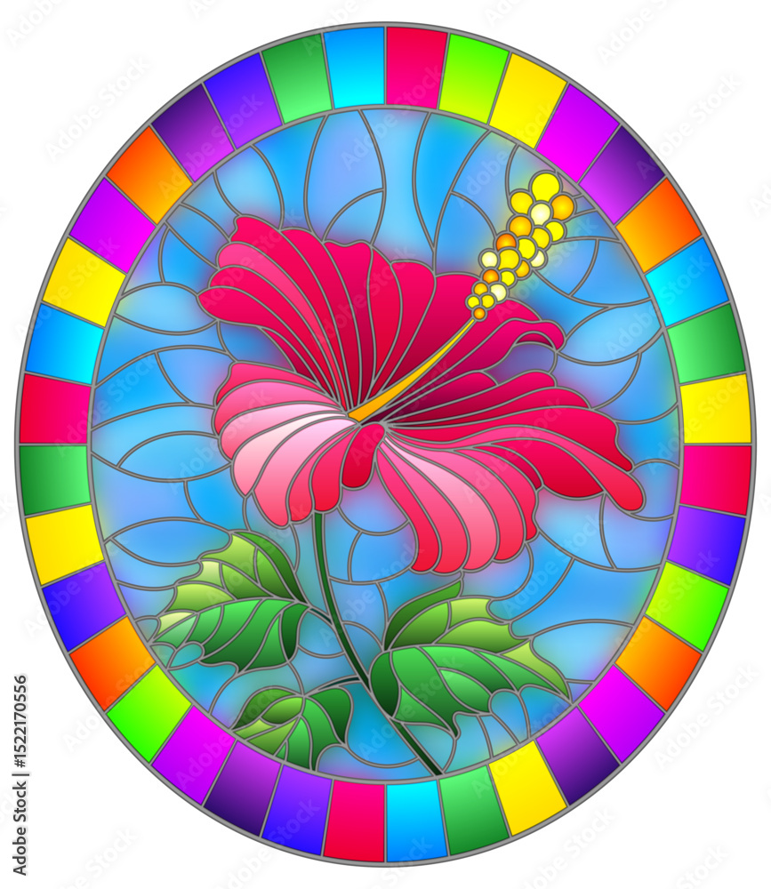 Obraz premium Illustration in stained glass style with flower, buds and leaves of pink hibiscus on sky background, oval image in bright frame