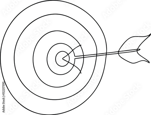 One line target with arrow, target with an arrow hitting the center, one continuous line illustration, continuous line drawing of archery target with arrow, reaching the goal in business