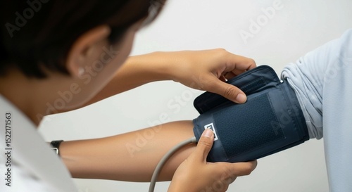 Close-up of patient’s arm during blood pressure test, cuff tightening, healthcare worker’s hands visible, neutral background