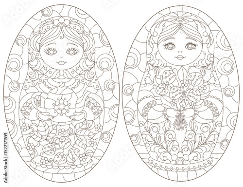 A set of contour illustrations in the style of stained glass with Russian dolls, dark contours on a white background