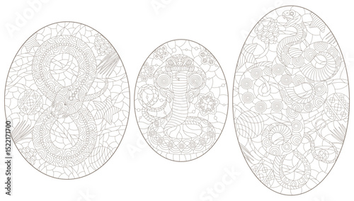 A set of contour illustrations in the style of stained glass with abstract snakes, dark contours on a white background