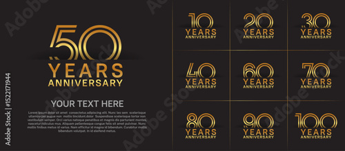 Anniversary logo set with double line number style. golden color can be use for special moment