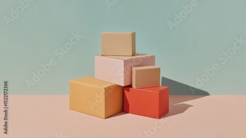 Neatly Stacked Colorful Cardboard Boxes in Pyramid Shape on Minimalist Background for E-commerce Shipping and Retail Distribution Solutions photo