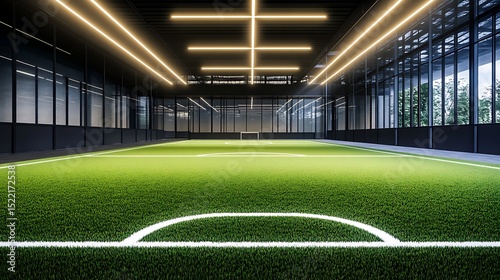 Brightly Lit Indoor Soccer Field with Artificial Turf and Large Windows Interior View