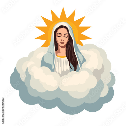 Virgin Mary in clouds with sun rays