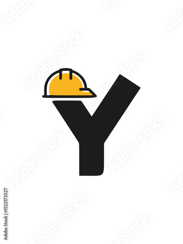 Letter Y Logo with Yellow Construction Helmet, Bold letter Y graphic paired with a yellow hard hat, ideal for construction, labor safety, industrial logos, or engineering branding.


