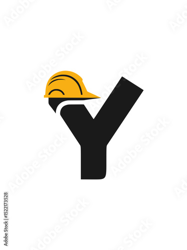 Letter Y Logo with Yellow Construction Helmet, Bold letter Y graphic paired with a yellow hard hat, ideal for construction, labor safety, industrial logos, or engineering branding.

