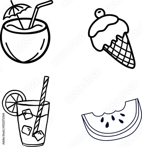 Tropical Iced Drinks and Summer Cocktails Featuring Watermelon King Coconut – Refreshing Beach Beverage Vector Set