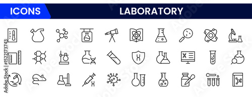 Precise vector web line icons depicting laboratory equipment, scientific research, experiments, analysis, and innovative discoveries in science.