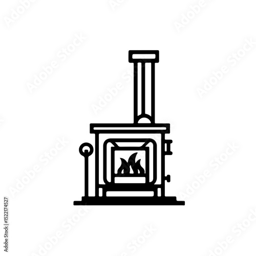 Classic Wood Burning Stove Icon with Fire. A minimalist vector icon depicting a traditional wood-burning stove with visible flames, perfect for home heating, cozy winter themes