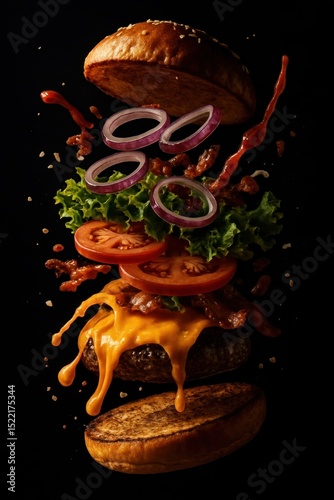 Gourmet burger ingredients artistically deconstructed.