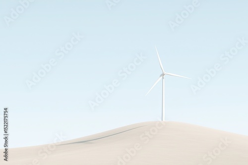Minimalist photo of a single wind turbine on a smooth hill under a pale blue sky, ideal for placing text, copy space. High quality photo