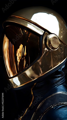 Close-up of a gold helmet and dark clothing.