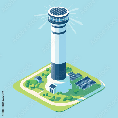 Isometric illustration of a solar power tower with heliostat mirrors reflecting sunlight to generate renewable energy at a modern solar thermal power plant isometric