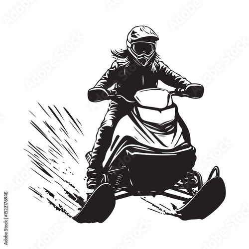 Happy young woman on a snowmobile outdoors on a sunny winter day image vector