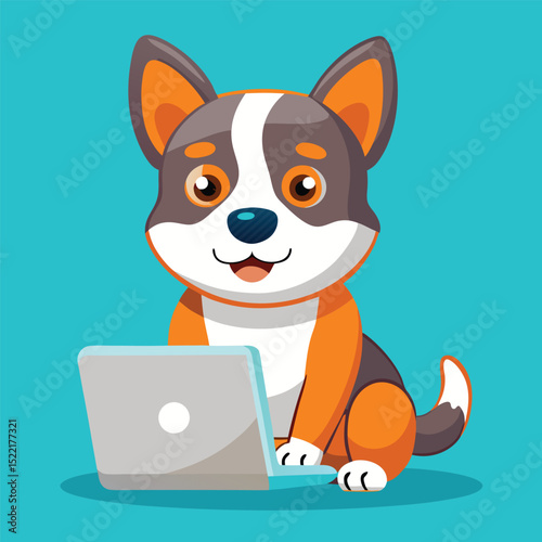 Cute Dog with Laptop – Cartoon Vector Illustration, Animal and Technology Concept Isolated in Flat Style
