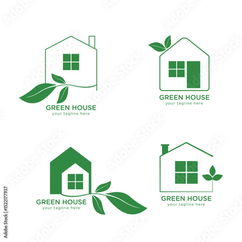 Minimalist house logo set with simple continuous line style green house