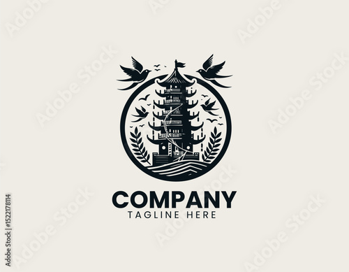 Ancient Ship Crow's Nest Logo - Detailed Scouting Structure with Perched Bird and Waving Flag