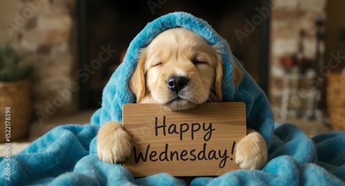 Puppy with Blanket Holding Happy Wednesday Sign