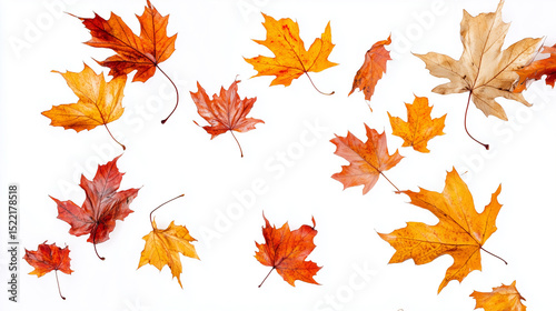 Red maple autumn leaves isolated on white background with seasonal fall foliage pattern