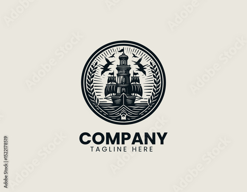 Ancient Ship Crow's Nest Logo - Detailed Scouting Structure with Perched Bird and Waving Flag