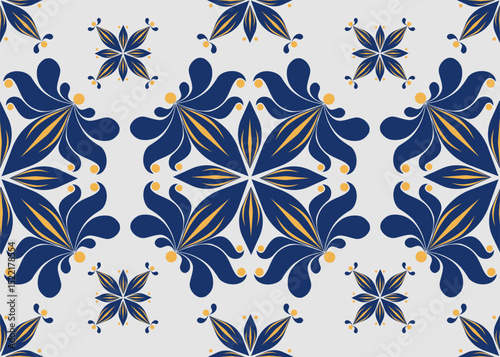 Seamless floral tile pattern in Mediterranean style with navy blue and yellow elements. Big and small flower.Geometric ornamental light gray background perfect for textiles, wallpapers, ceramic tiles