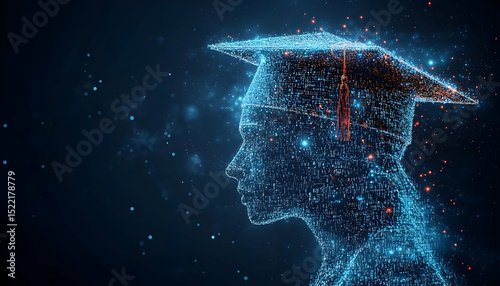 Abstract, glowing profile with graduation cap, rendered with sparkling blue and orange particles against a dark backdrop