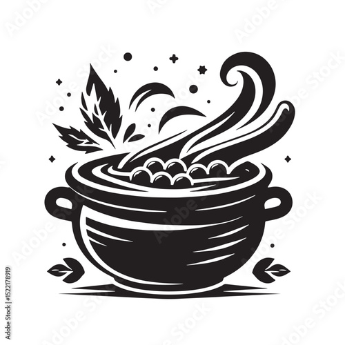 Warm Steaming Soup Bowl with Herbs and Spoon