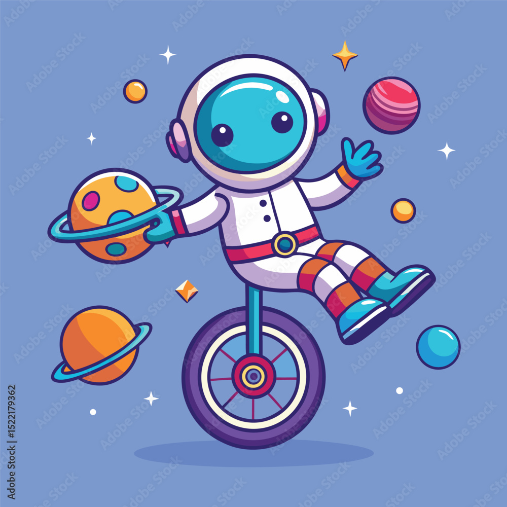 Naklejka premium Cute Astronaut Riding Unicycle with Planets – Cartoon Vector Icon Illustration, People Technology Concept Isolated Flat 