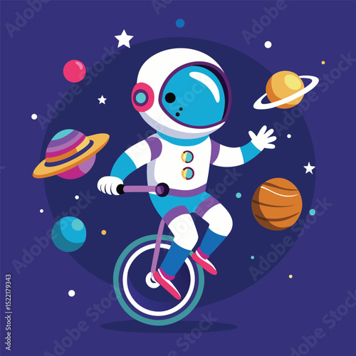 Fototapeta Naklejka Na Ścianę i Meble -  Cute Astronaut Riding Unicycle with Planets – Cartoon Vector Icon Illustration, People Technology Concept Isolated Flat
