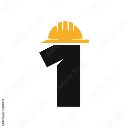 Number 1 Logo with Yellow Construction Helmet, Creative and modern number 1 logo designed to resemble a construction worker with a yellow hard hat, perfect for safety branding.

