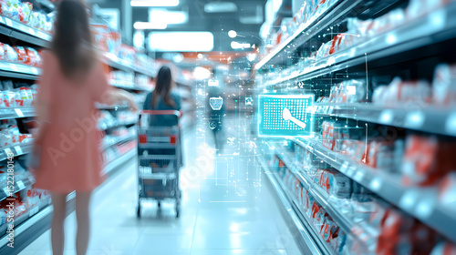 Wallpaper Mural A woman with a shopping cart walks through a digitalized supermarket aisle, highlighting technology in retail shopping. Torontodigital.ca