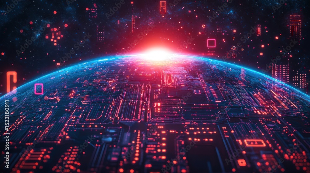 Fototapeta premium Earth illuminated by a digital grid and tech symbols, with a glowing overlay of futuristic circuits and data pathways.