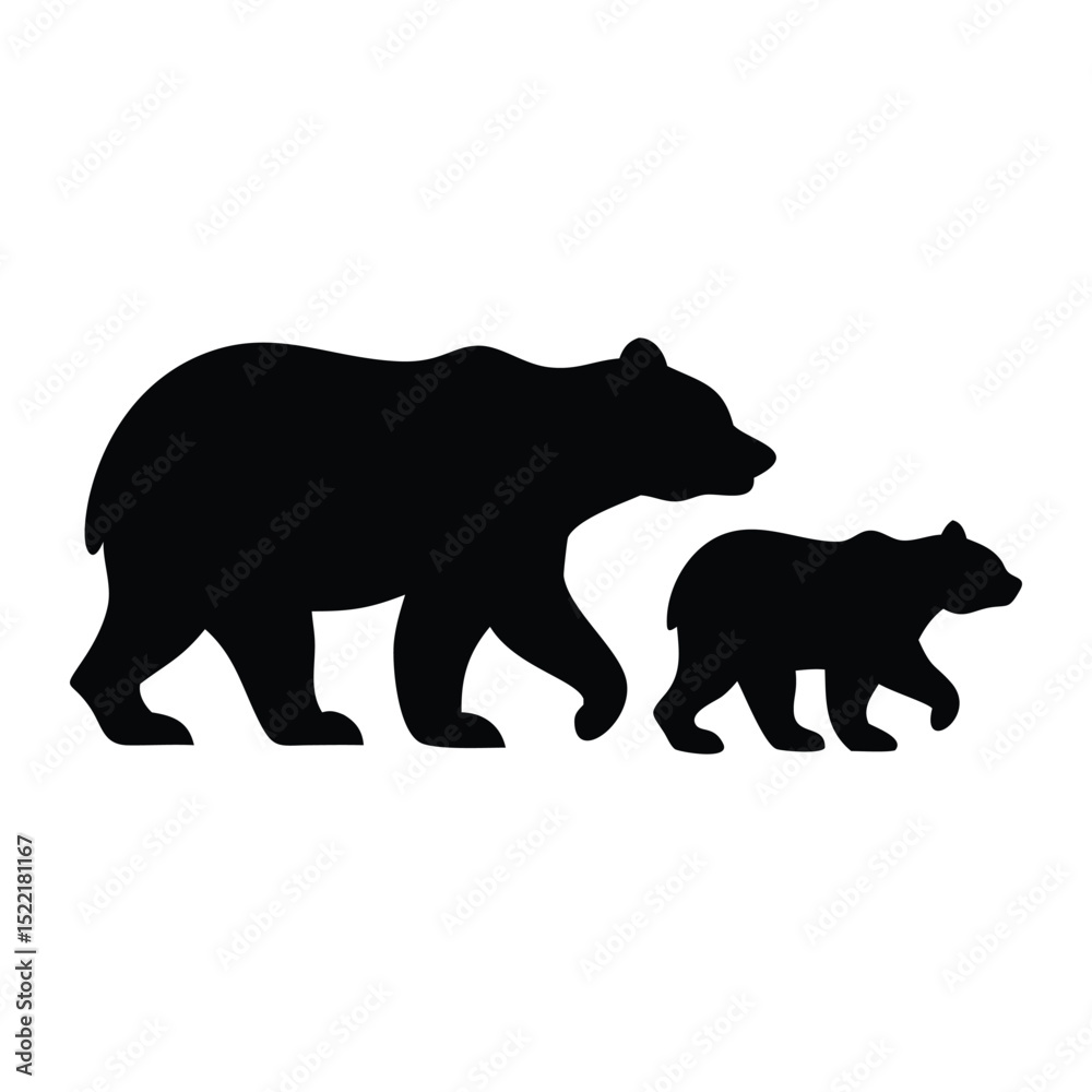 Fototapeta premium Silhouette of mother bear walking with cub, black animal icon isolated on white background symbolizing wildlife and family 