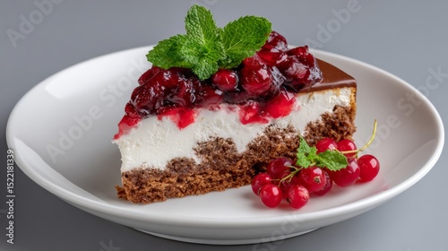Slice of cake with berries and mint on top. The cake is on a white plate. The berries are red and the mint is green