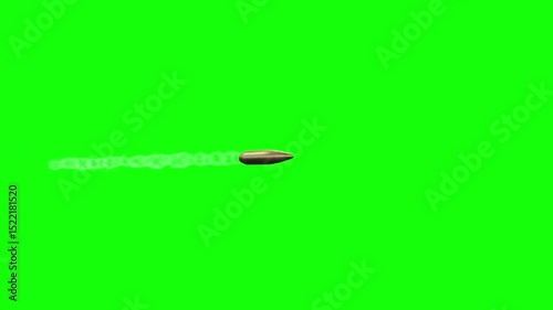 A close up, slow motion, shot of a bullet flying through the air with a smoke trail., over a green screen. Bullet gun flying with smoke