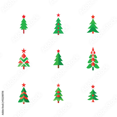 Nine simple Christmas trees with red star toppers