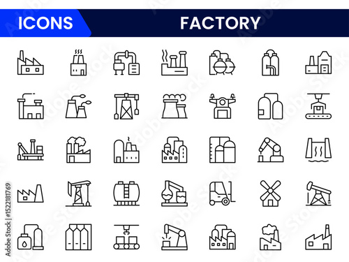 Industrial vector web line icons depicting factory operations, machinery, production, manufacturing, and efficient industrial processes and systems.