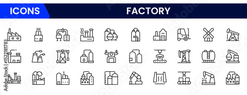 Industrial vector web line icons depicting factory operations, machinery, production, manufacturing, and efficient industrial processes and systems.