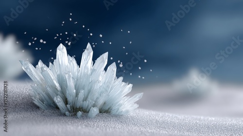 Large crystal formation is on a snowy beach. The crystal formation is surrounded by snow and he is melting. The image has a serene and peaceful mood