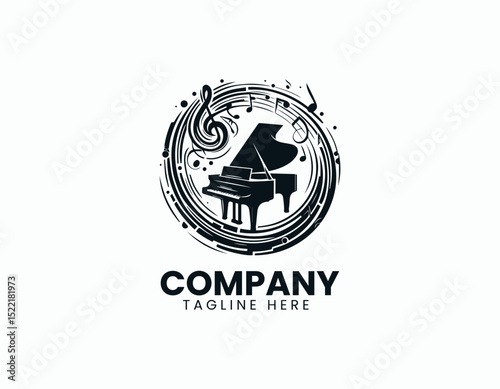 Elegant Grand Piano Silhouette Logo - Abstract Music Notation Intertwined Vector Design