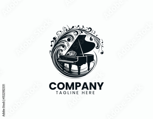 Elegant Grand Piano Silhouette Logo - Abstract Music Notation Intertwined Vector Design