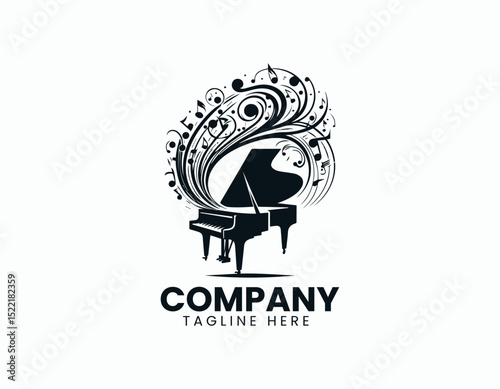 Elegant Grand Piano Silhouette Logo - Abstract Music Notation Intertwined Vector Design